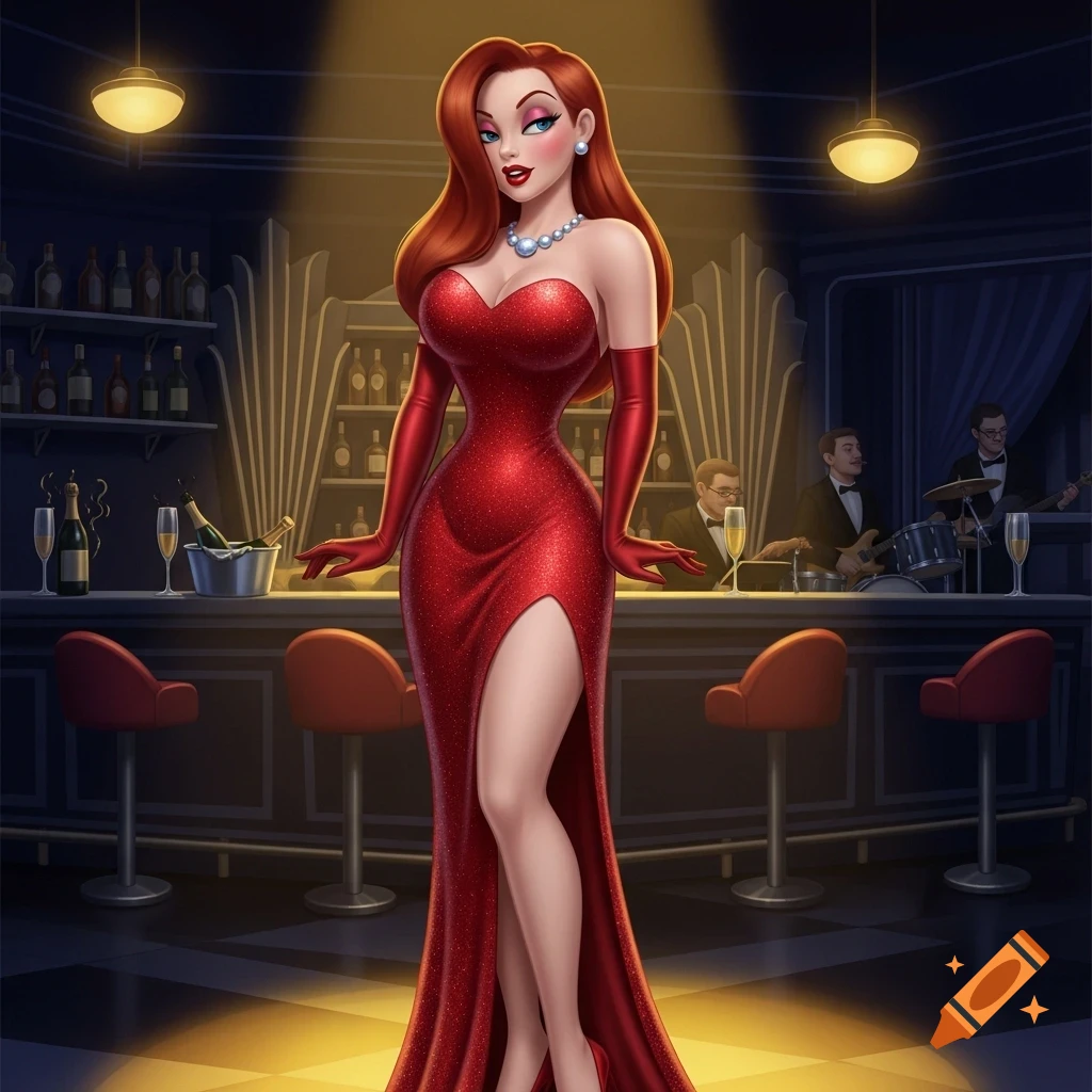 A glamorous Jessica Rabbit in a sparkling red dress and gloves stands in a spotlight at a bar with a band playing in the background.