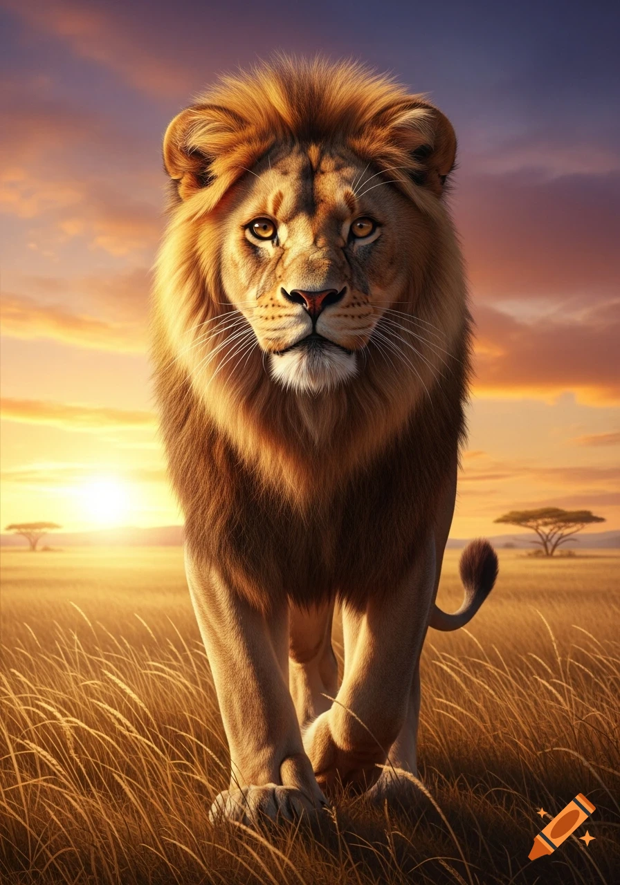 Photorealistic lion walking through savanna grass at sunset.