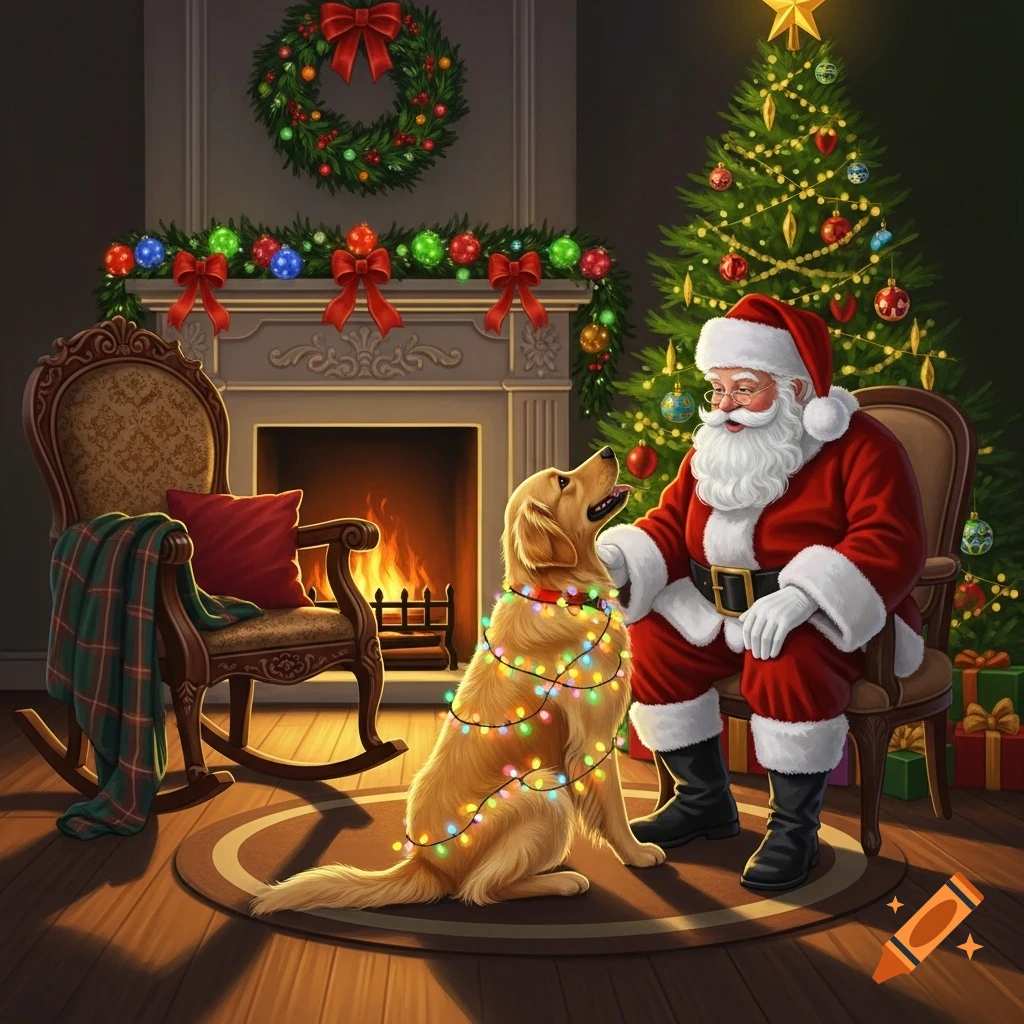 Santa Claus sits in a chair, petting a golden retriever wrapped in colorful Christmas lights by a fireplace and a decorated tree.