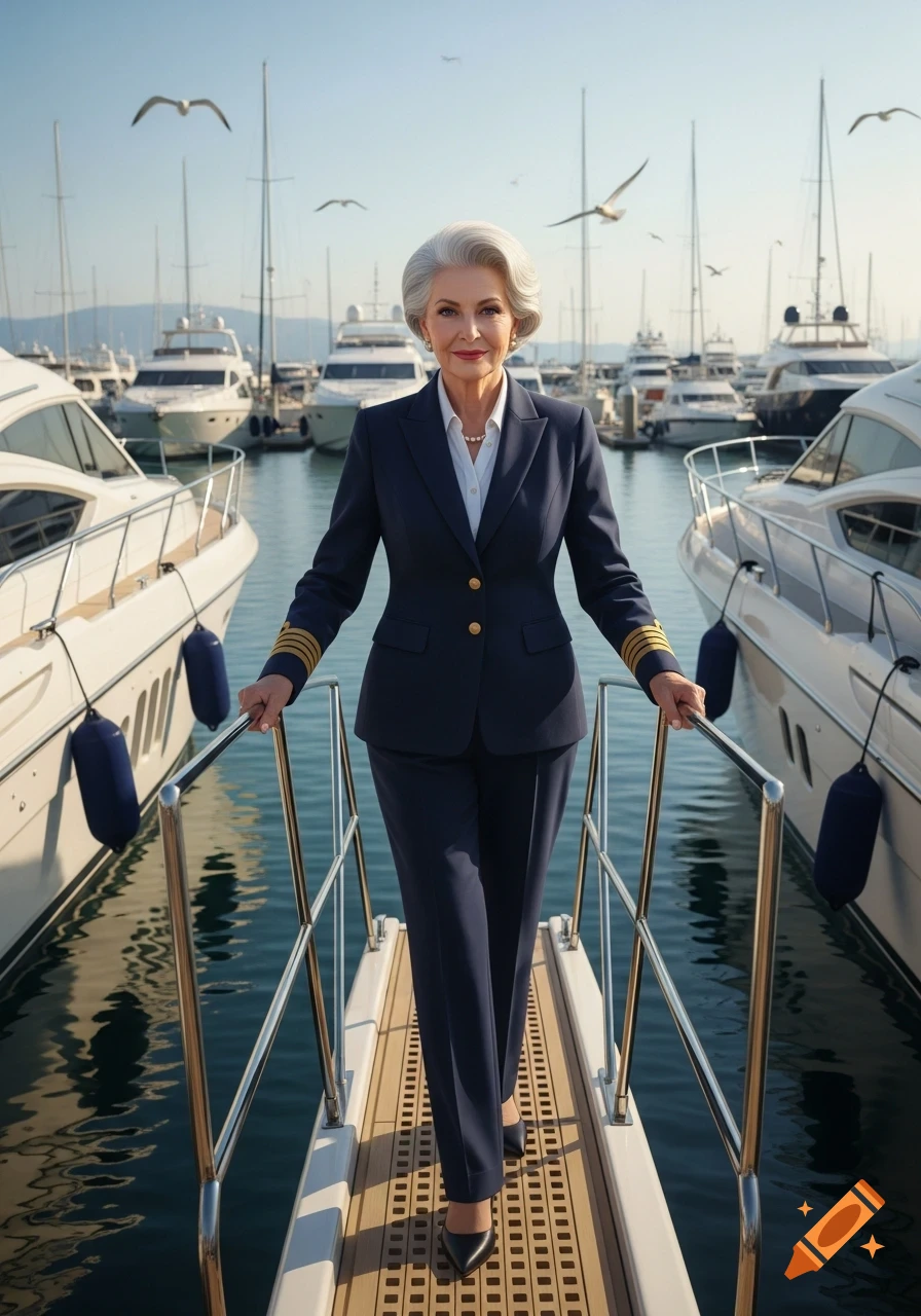 Photorealistic image of an elegant elderly woman in a dark blue pant suit standing on a yacht gangway in a marina.