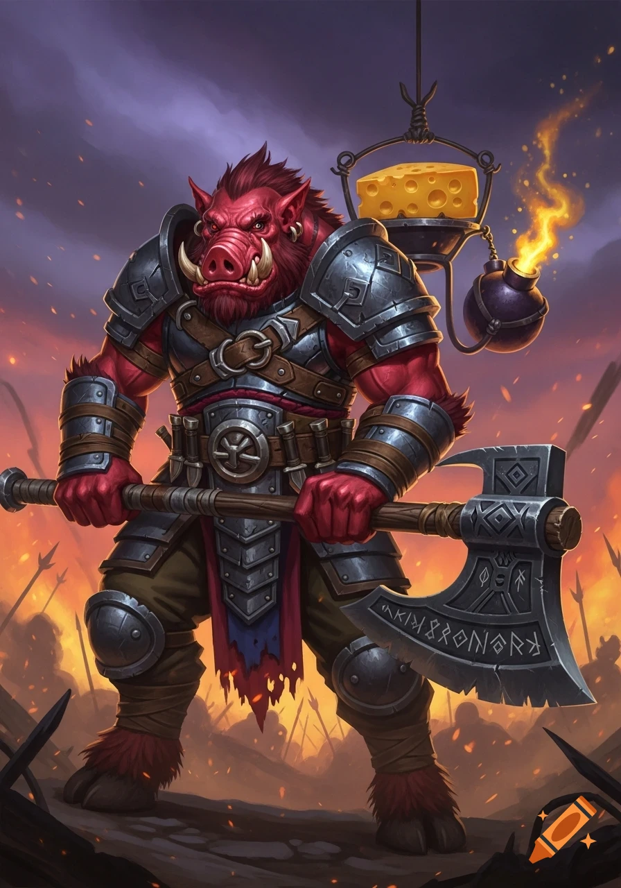 A red, pig-faced orc warrior in full armor holds a large axe. A cheese-shaped bomb hangs from its shoulder in a fiery battlefield.