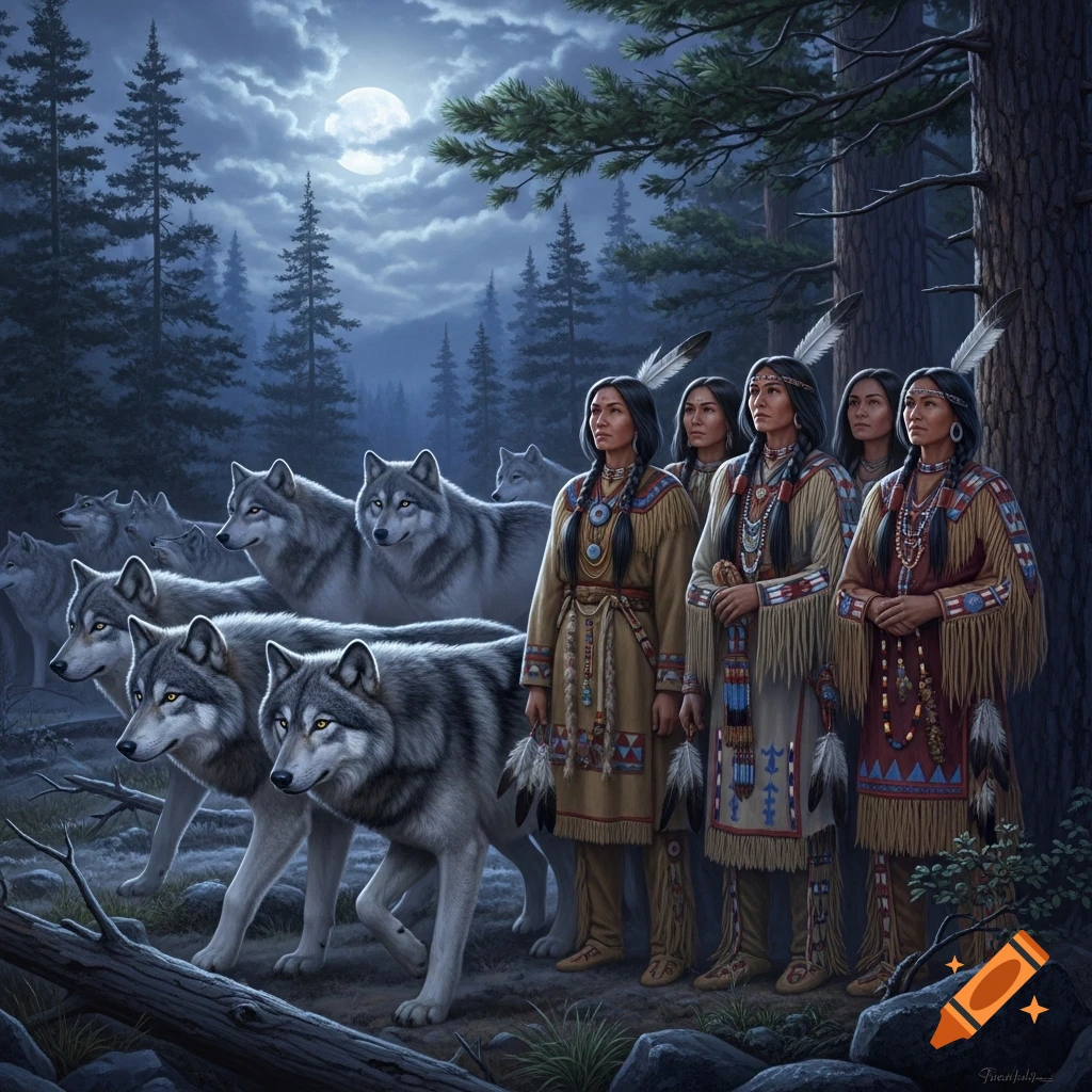 Native American women and a pack of wolves stand in a dark, moonlit forest, looking into the distance.