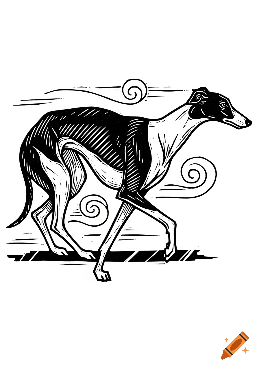 Black and white linocut illustration of a running greyhound with swirling wind lines.