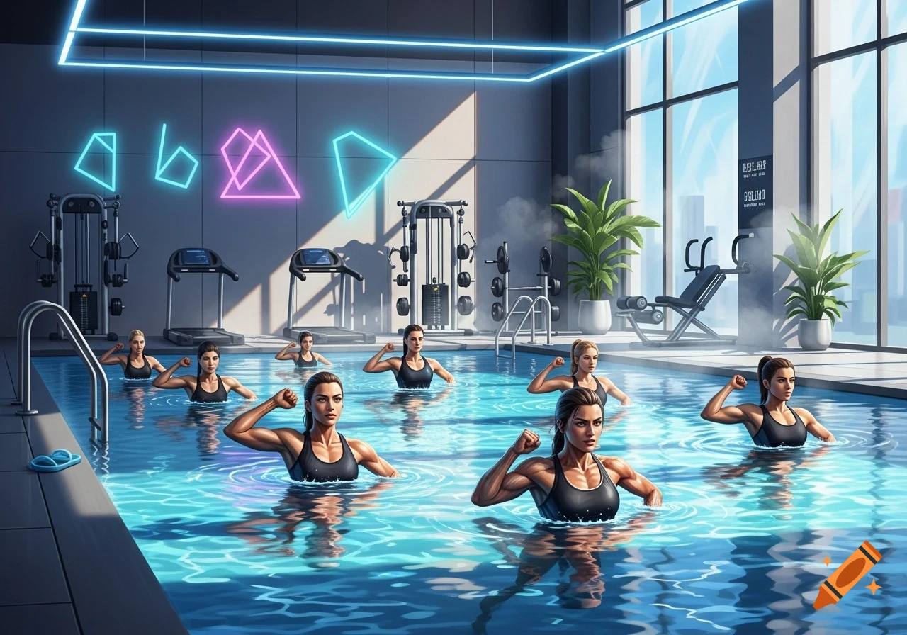 Several women in black sports tops exercise in a bright blue pool within a modern gym with large windows and neon geometric lights.