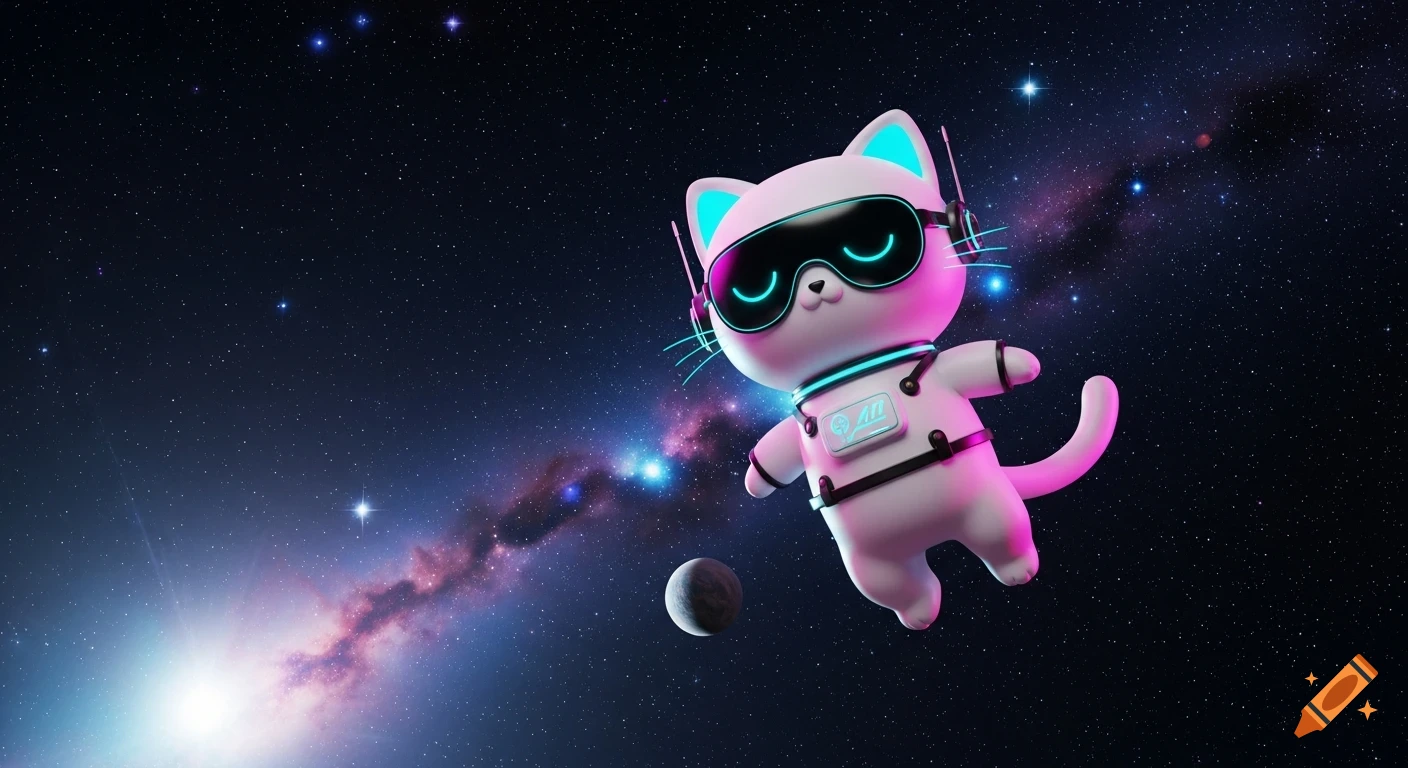 A cute, pink 3D animated cat in a futuristic suit with neon accents floats in space amidst stars and a glowing nebula.