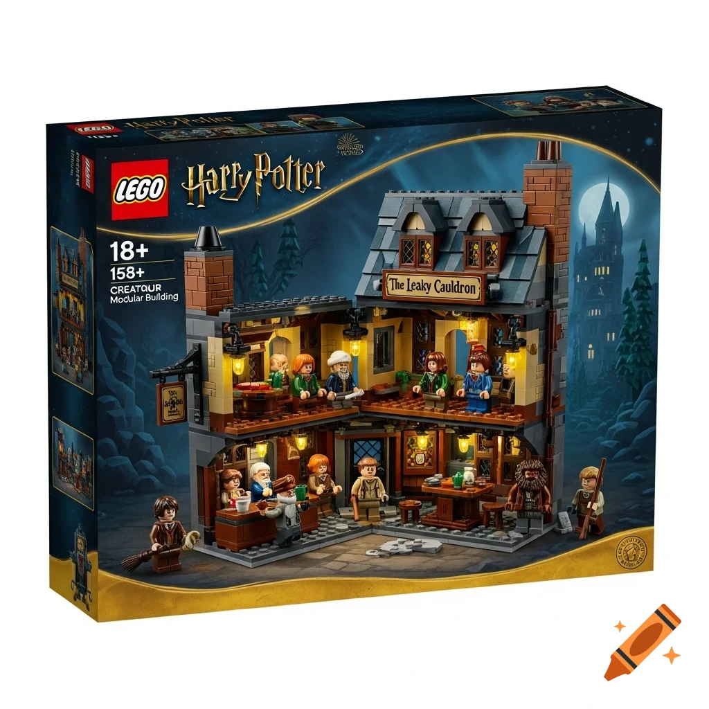 LEGO Harry Potter 'The Leaky Cauldron' 18+ modular building set box, showing a detailed building and minifigures at night.