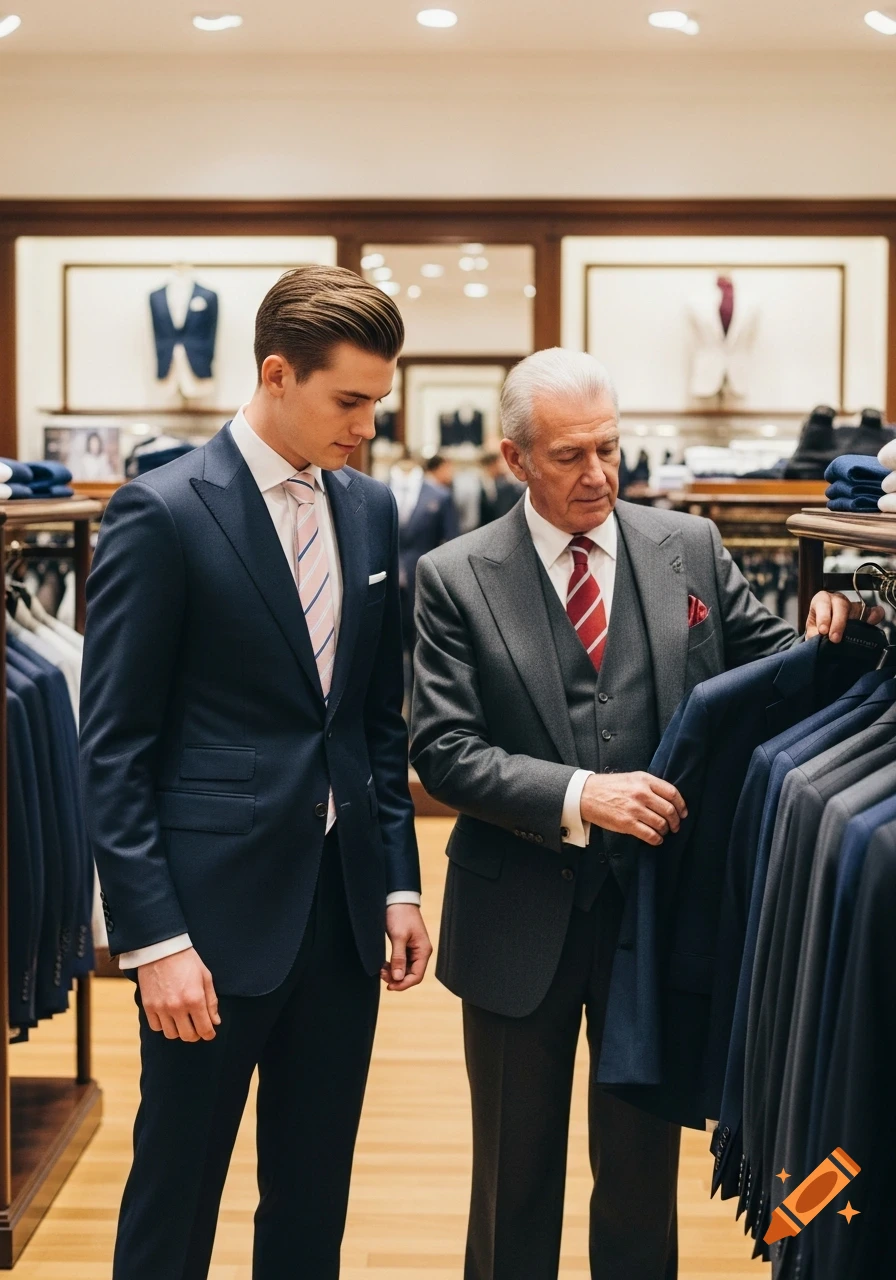 Two men in suits, one young and one older, browse suits in a stylish department store.