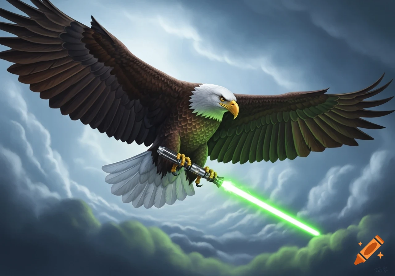 A majestic bald eagle with wide-spread wings soars through a cloudy sky, gripping a glowing green lightsaber in its talons.