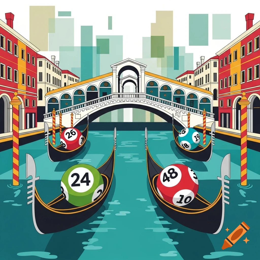 Stylized illustration of Venice with gondolas on a canal, each carrying a lottery ball displaying numbers.