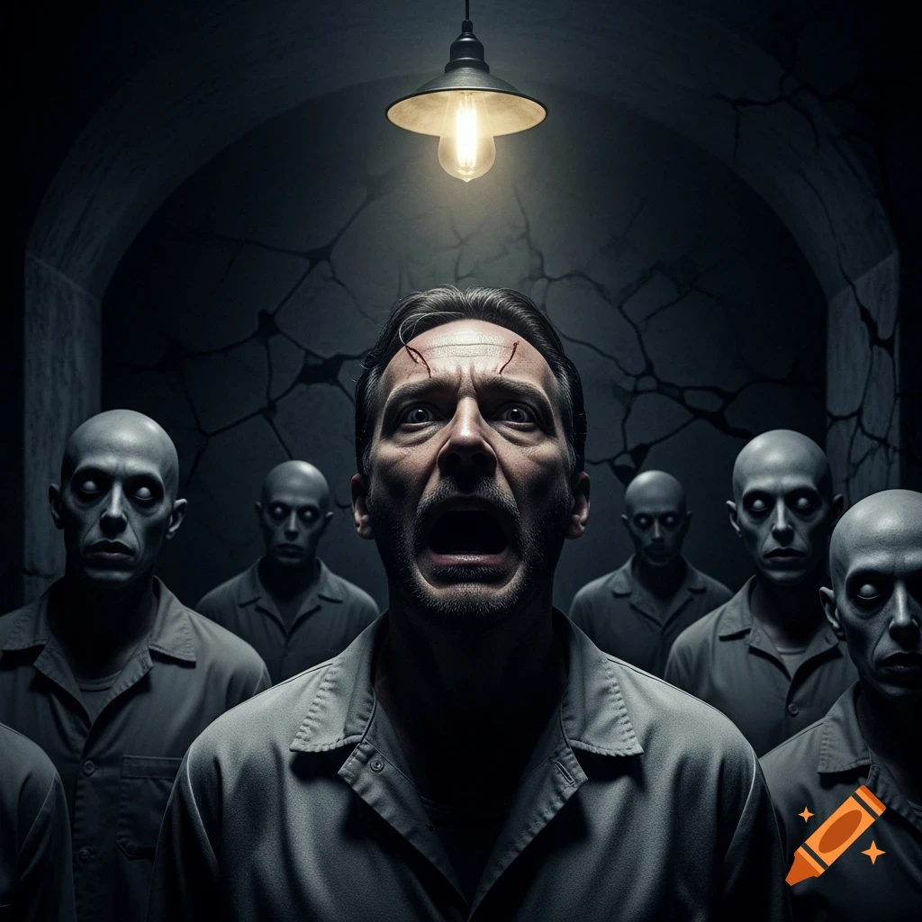 A man with blood on his forehead screams in terror under a flickering light, surrounded by blank-faced figures in a dark, cracked room.