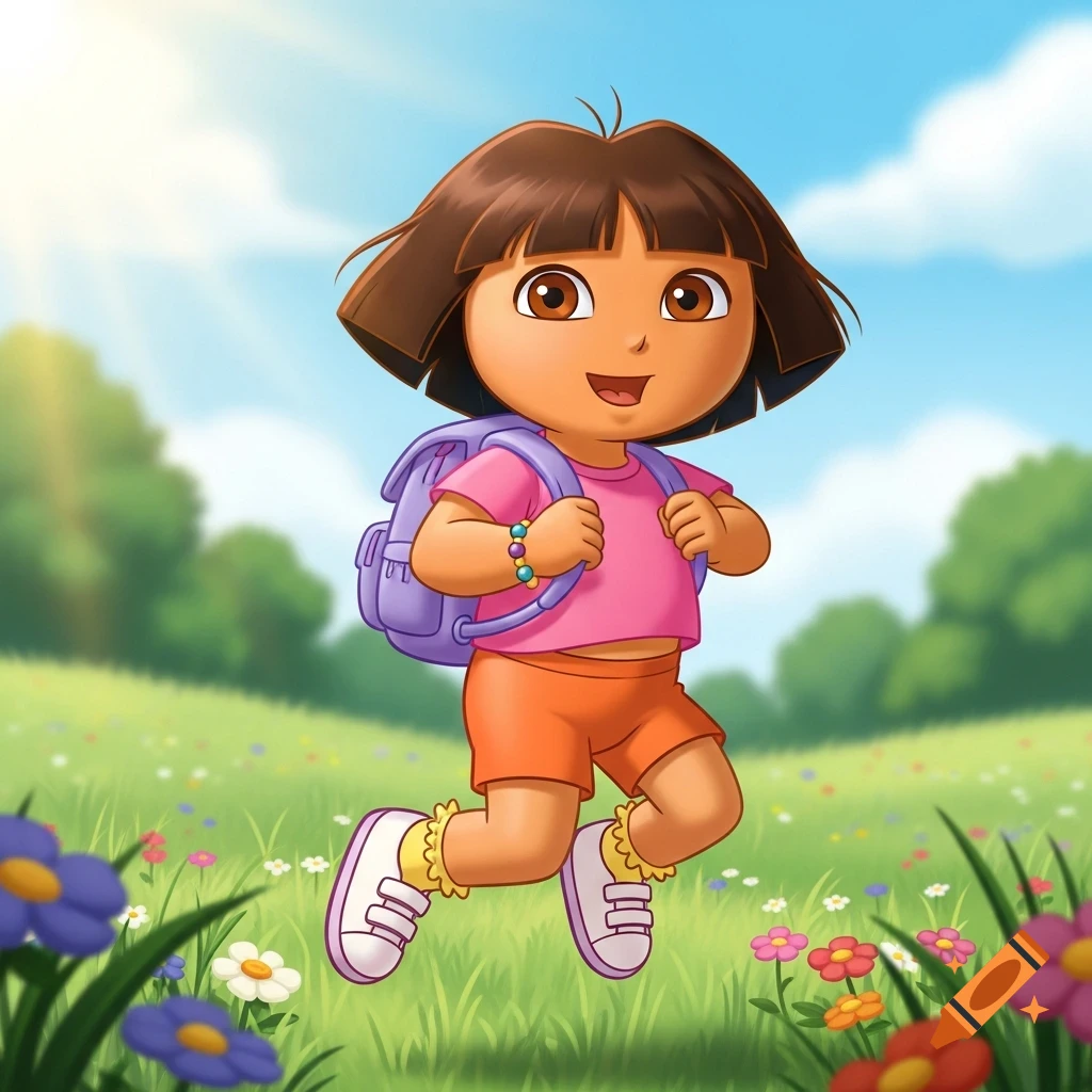 Cartoon Dora the Explorer with a purple backpack, pink shirt, and orange shorts, happily bouncing in a sunny, flower-filled green field.