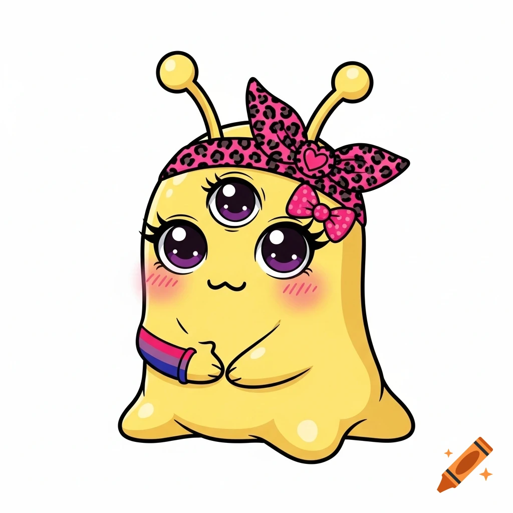 A cute yellow alien creature with three purple eyes, a pink leopard print headband, blushing cheeks, and a bisexual pride flag wristband.