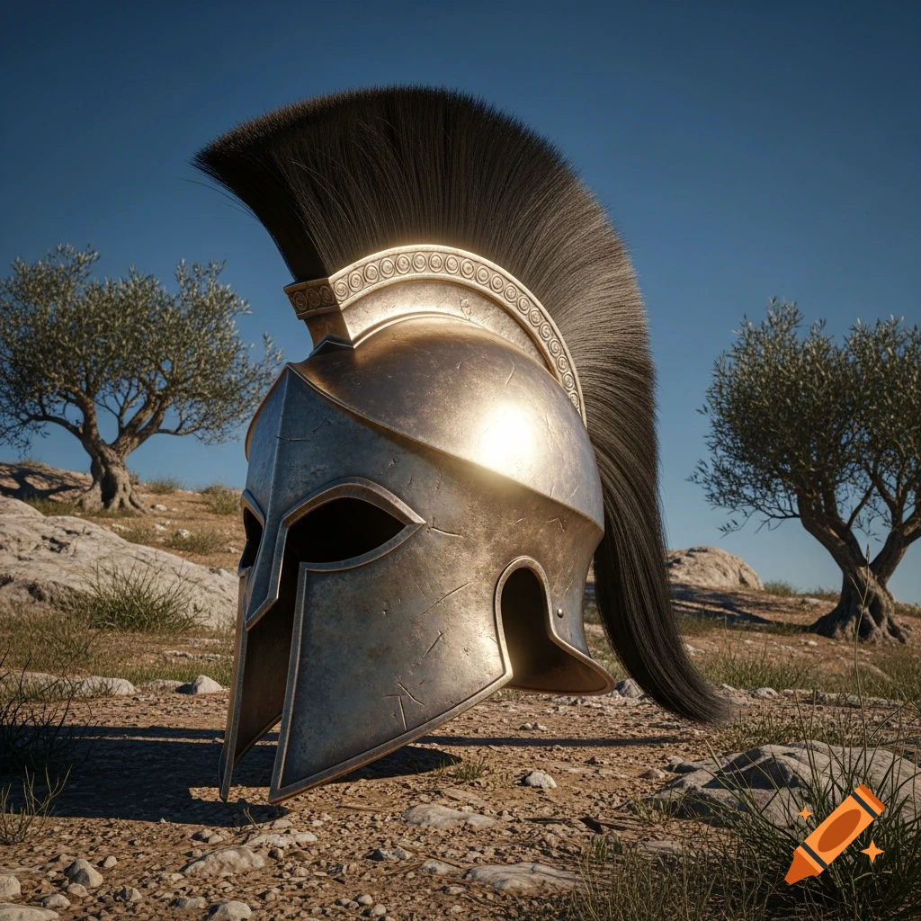 Photorealistic Spartan helmet with a black plume on rocky terrain under a blue sky, with olive trees in the background.
