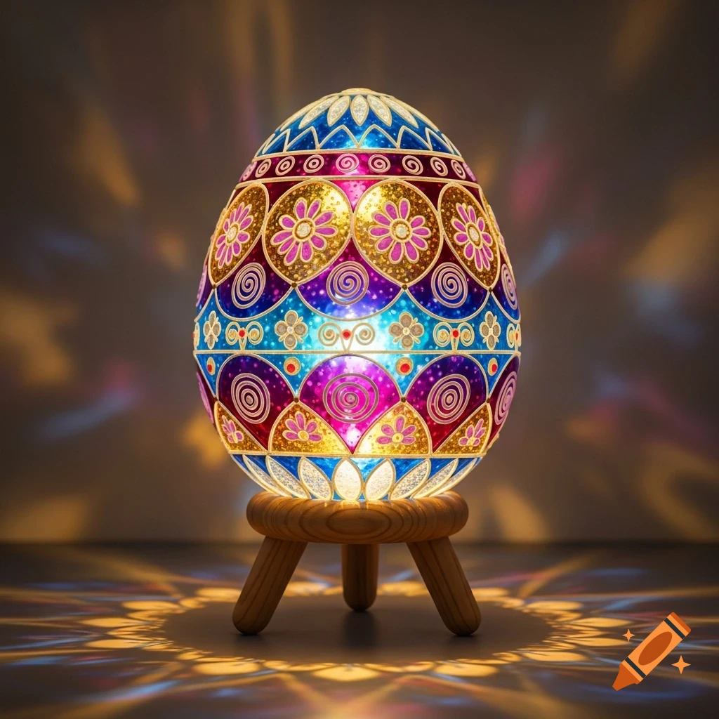 A colorful, decorated glass Easter egg lamp glowing on a simple three-legged wooden stand, casting patterns of light.