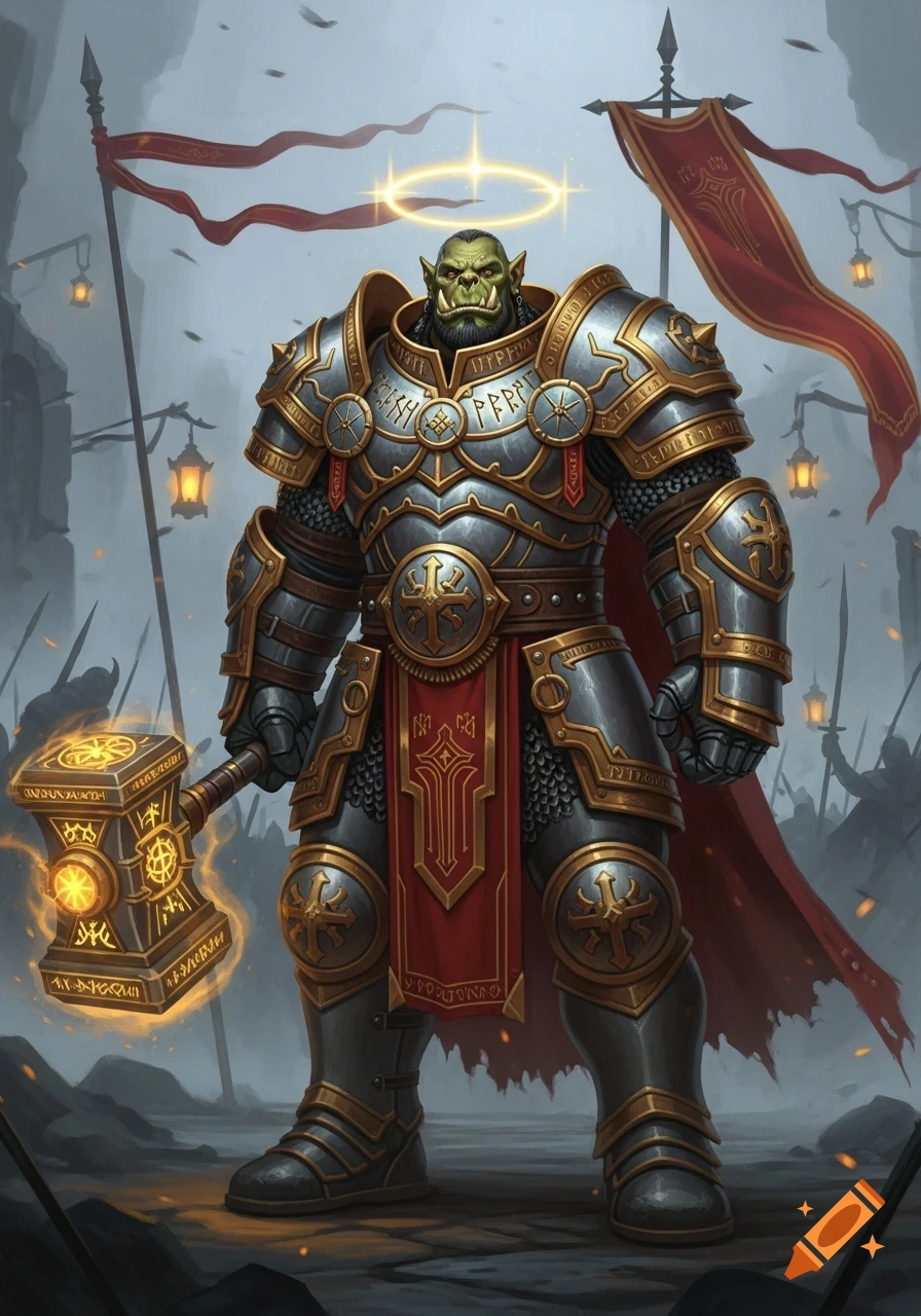 An orc cleric in ornate silver and gold armor with a red cape and halo, holding a glowing golden hammer in a battle setting.