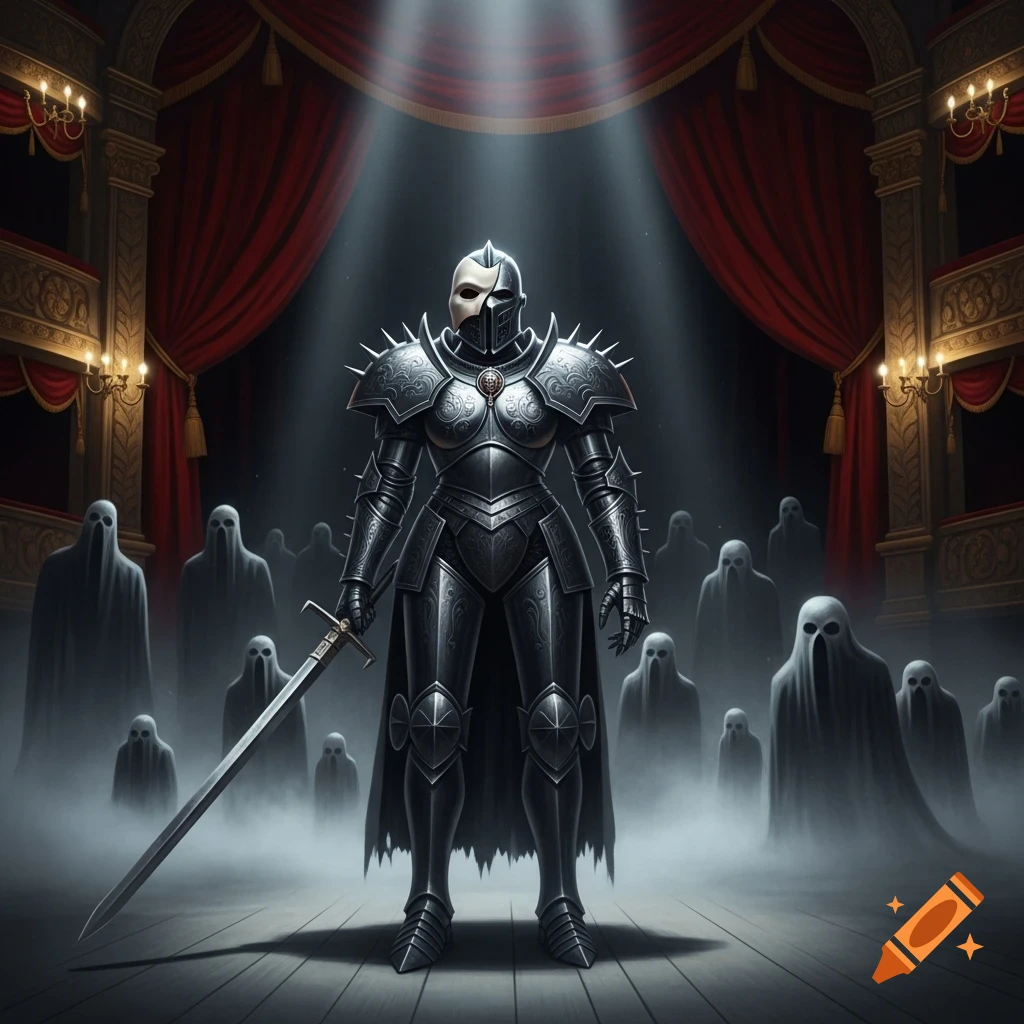 A masked knight in spiked armor holds a sword on a stage with red curtains, surrounded by ghostly figures in a foggy haze.