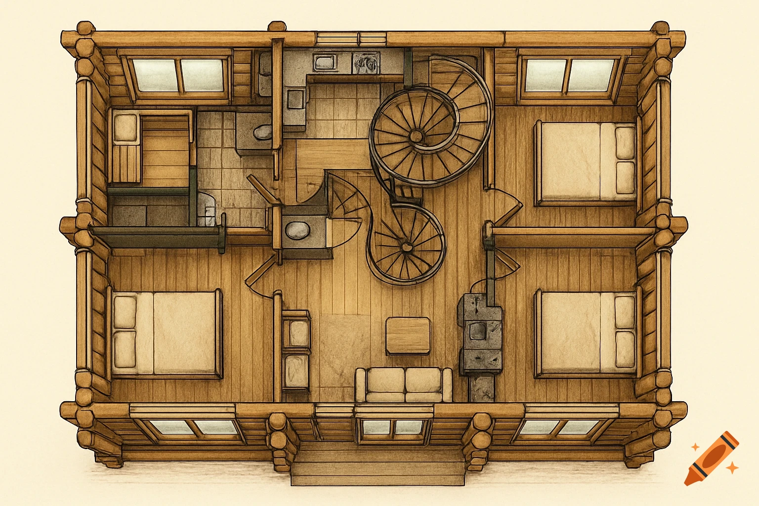 Overhead view of a detailed log house floor plan featuring multiple rooms, two spiral staircases, and a fireplace.