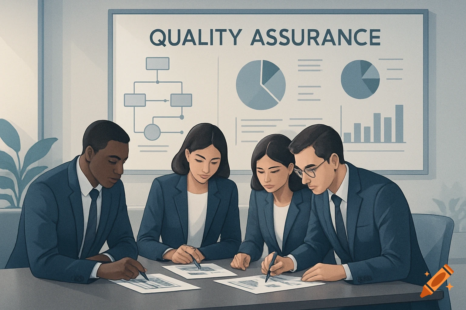 Four diverse business professionals in a meeting, reviewing documents at a table, with a 'QUALITY ASSURANCE' board in the background.