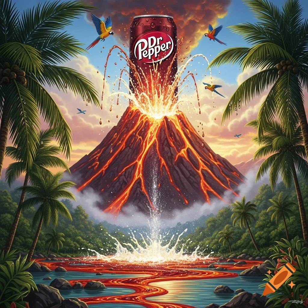 A Dr Pepper can erupting like a volcano, spraying soda over a tropical landscape with palm trees, parrots, and a fiery river.