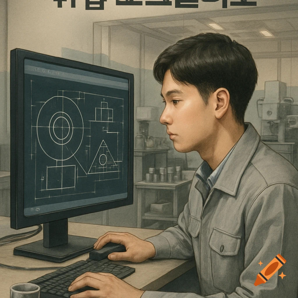 A Korean male student in a gray uniform focused on a CAD drawing on a computer screen at a desk in a manufacturing workshop, realistic illustration.