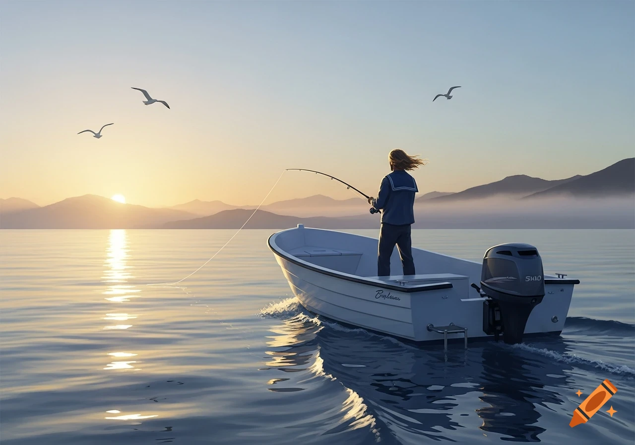 A man with long wavy hair stands in a white boat, fishing. The scene is set on calm water with mountains in the background under a sunset or sunrise sky, in a photorealistic style.
