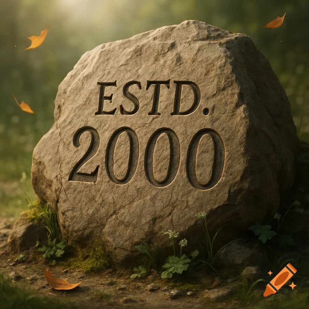 A large, textured rock with "ESTD. 2000" engraved into its surface, surrounded by green grass and fallen leaves in a sunny, natural setting.