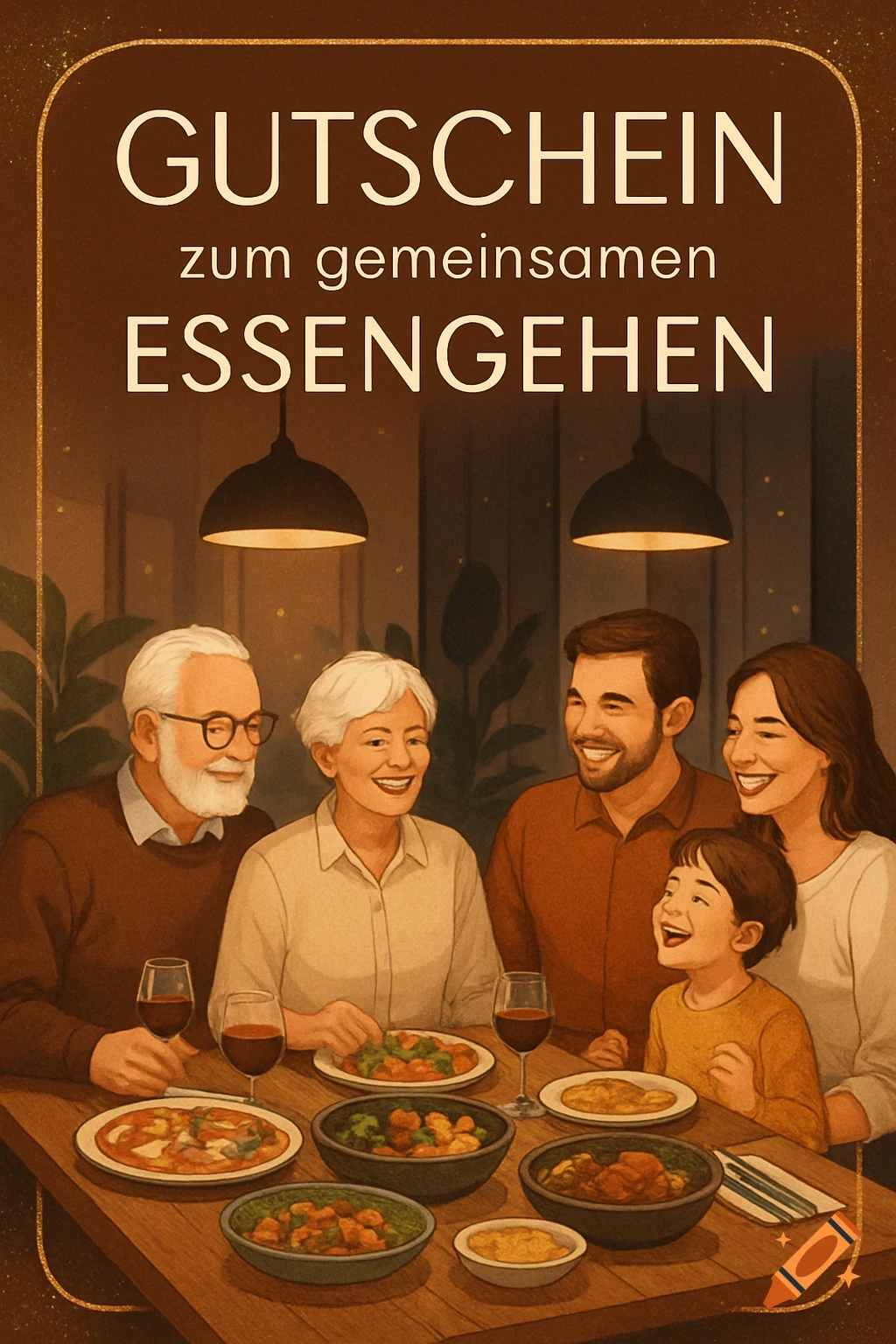 Illustrated voucher with German text 'Gutschein zum gemeinsamen essengehen' above a smiling family dining at a table filled with food.