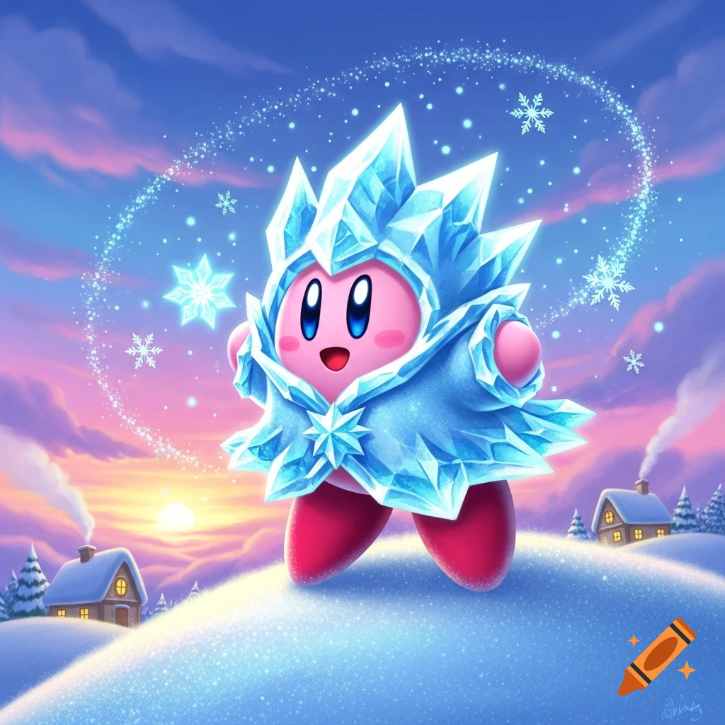 Ice Kirby on a snowy hill, sparkling with snowflakes against a pink and blue winter sunset with houses.