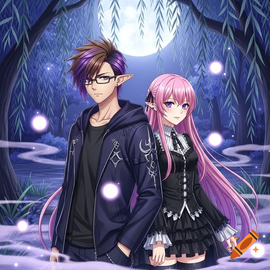 Anime elf male with purple hair and glasses stands beside an anime elf girl with long pink hair and a goth dress in a moonlit forest with glowing orbs.