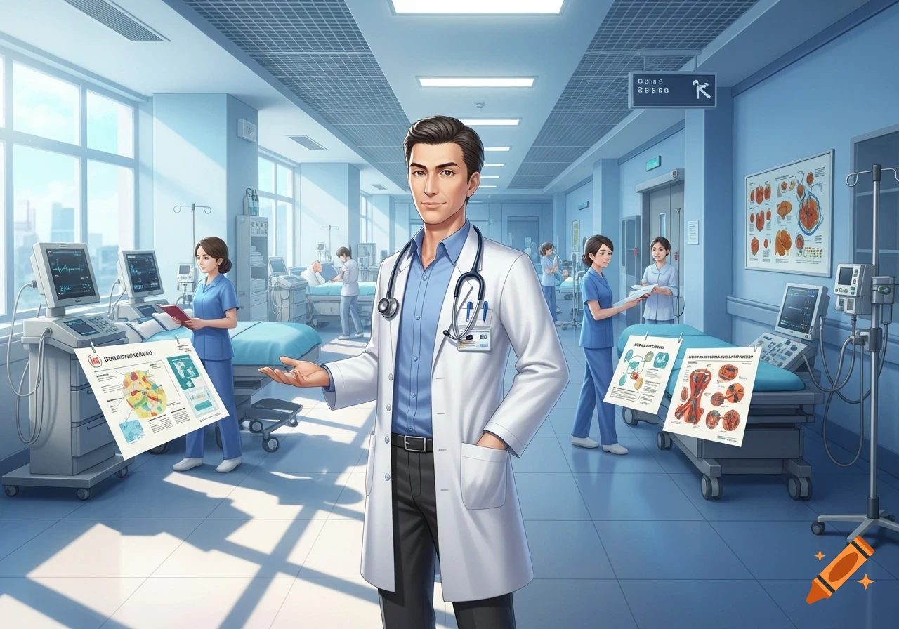 A confident male doctor in a white coat and stethoscope stands in a bright hospital ward with nurses, patients, and medical equipment.