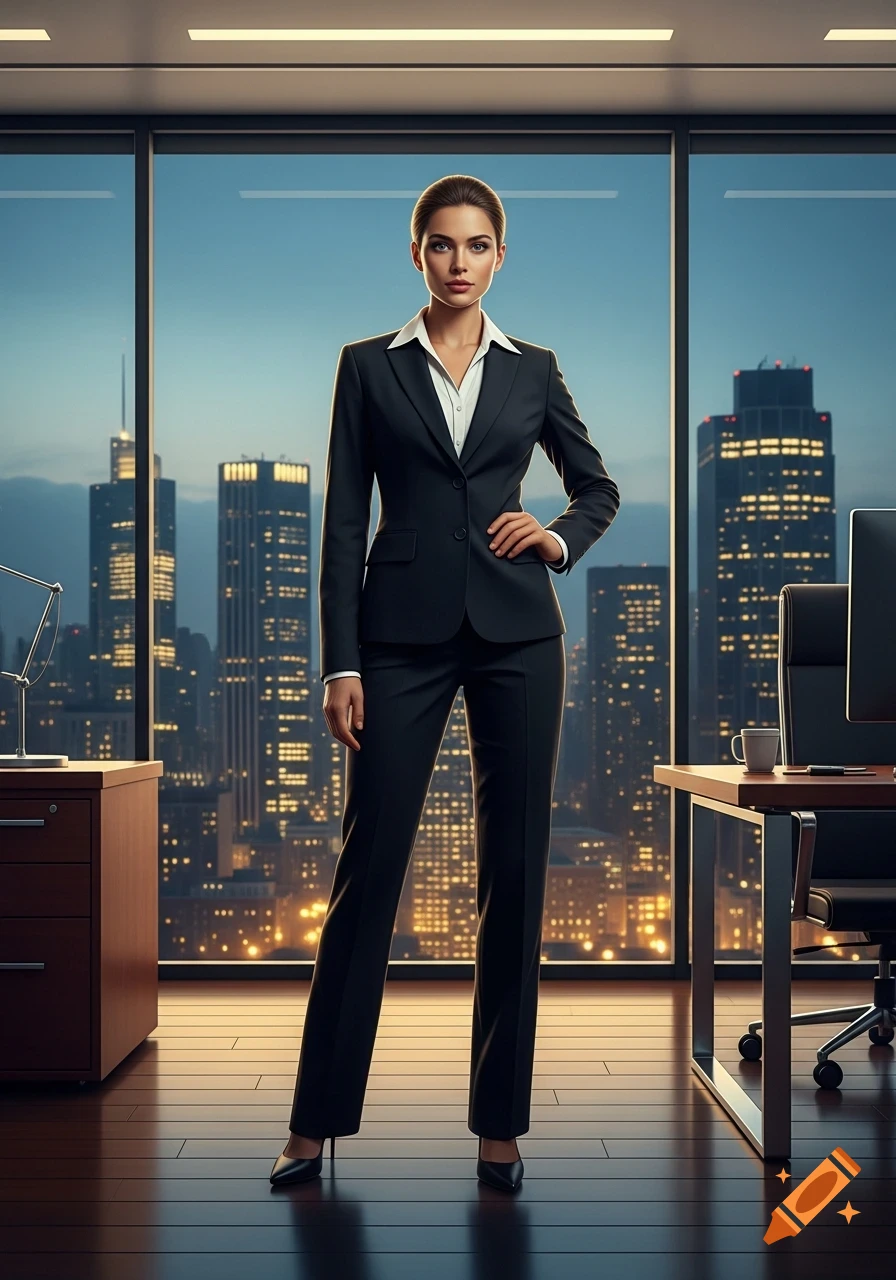 A photorealistic image of a woman in a black business suit standing in an office with a city skyline view.