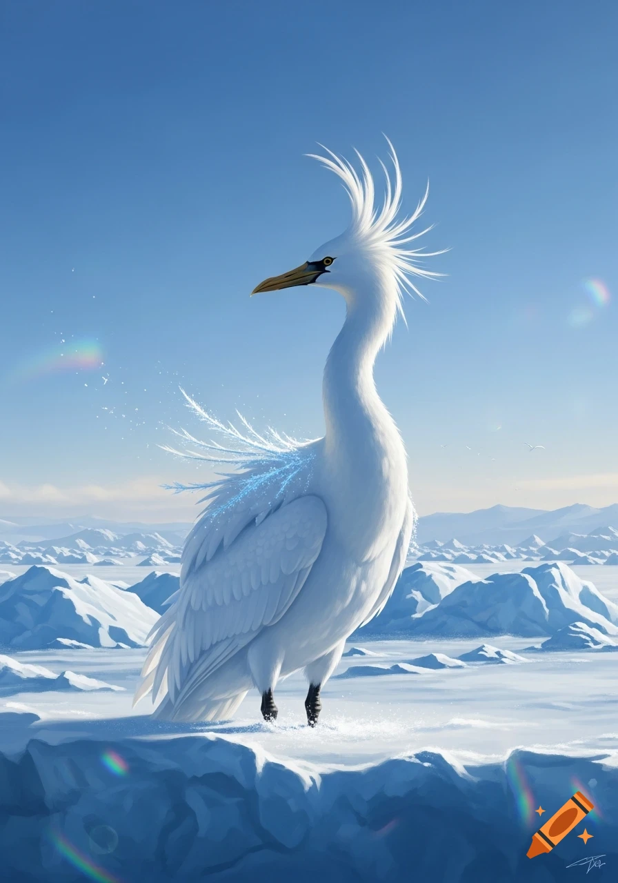 A majestic white bird with spiky feathers and glowing blue accents stands on ice in an arctic landscape under a clear blue sky.