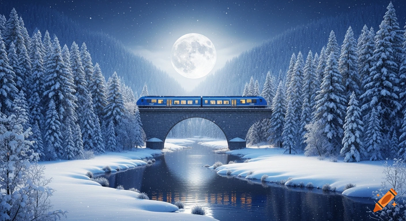 A photorealistic winter night landscape features a blue train crossing a stone bridge over a river, surrounded by snow-covered pine trees under a full moon.