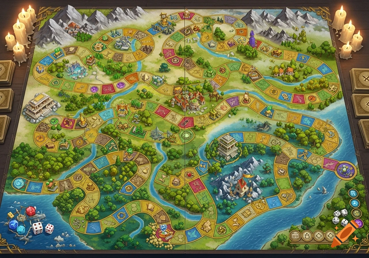 A detailed fantasy board game with winding paths, castles, rivers, forests, dice, and cards on a wooden table, lit by candles.