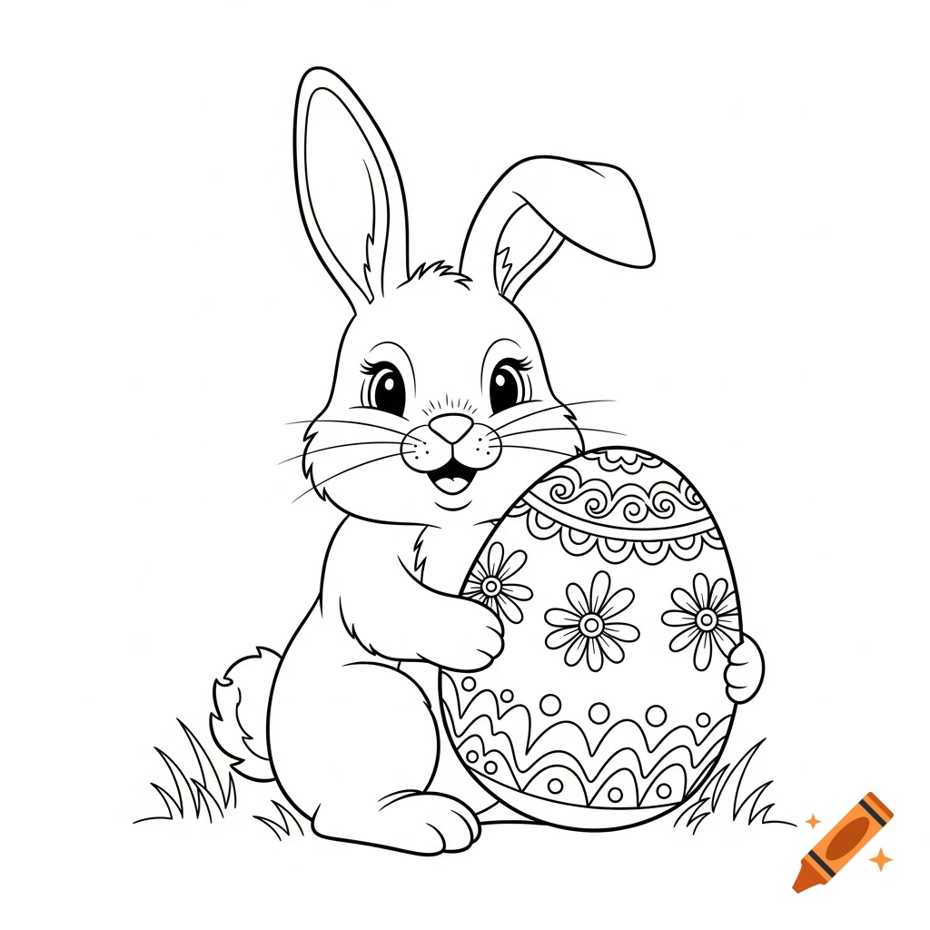 A cute Easter bunny holding a large decorated egg, rendered in black and white line art for a coloring page.