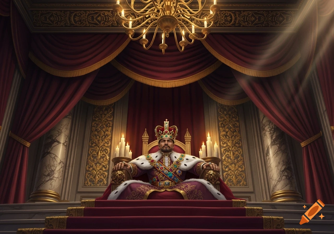A king in a jewel-studded crown and regal robes sits on a golden throne in an opulent, candlelit throne room with red drapes.