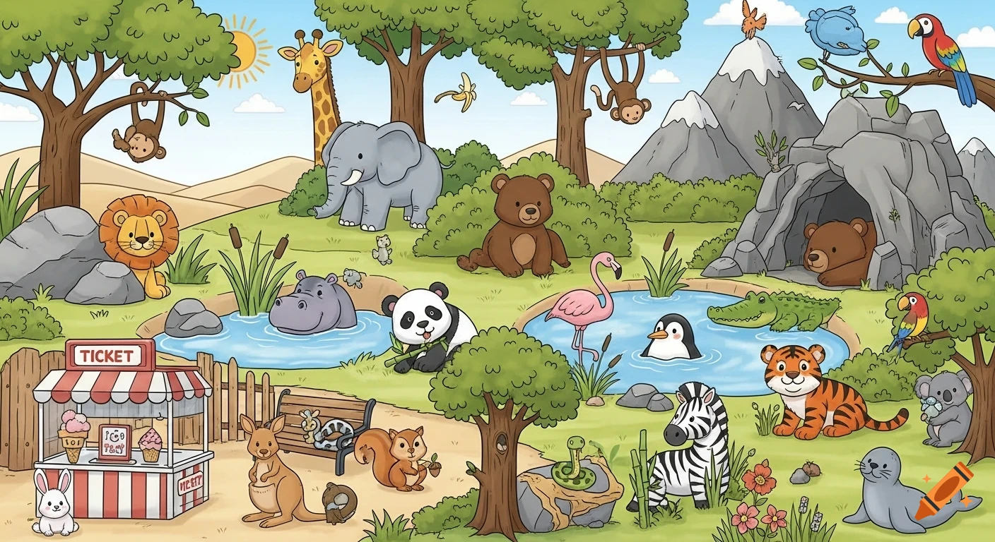 A wide-angle cartoon illustration of a bustling zoo scene with many cute animals in different habitats, including a pond and mountains.