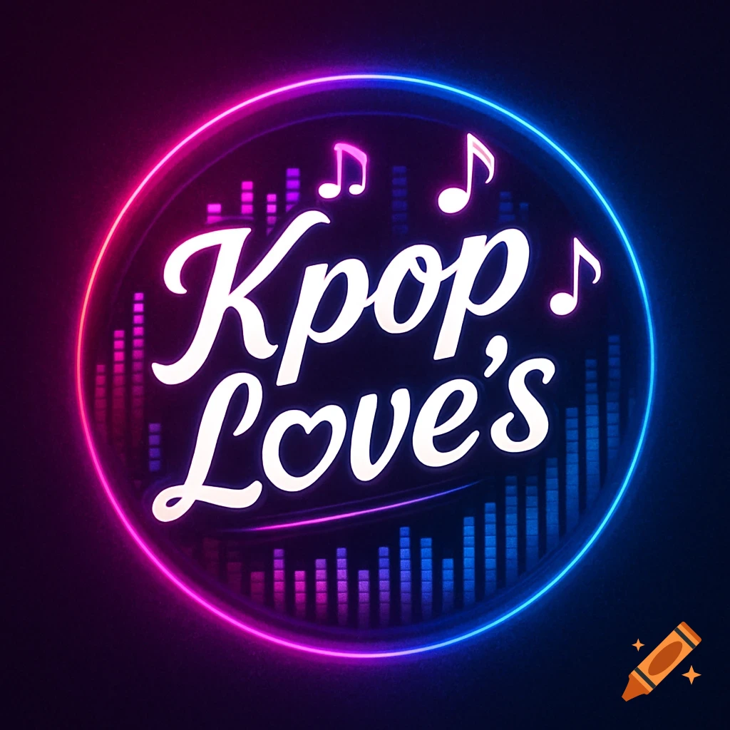 A vibrant neon logo with 'Kpop Love's' text, music notes, and sound equalizer bars within a glowing pink and blue gradient circle.