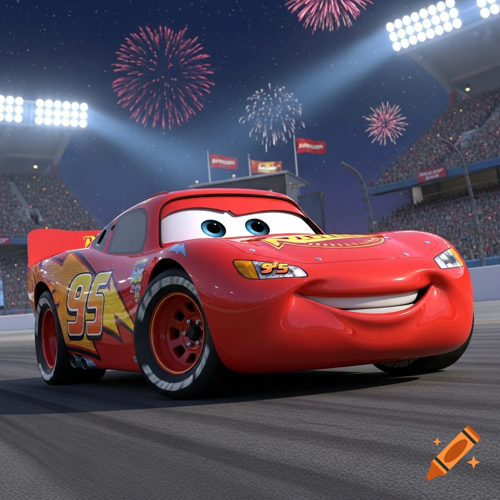 Lightning McQueen at a night race track with stadium lights and colorful fireworks in the sky.