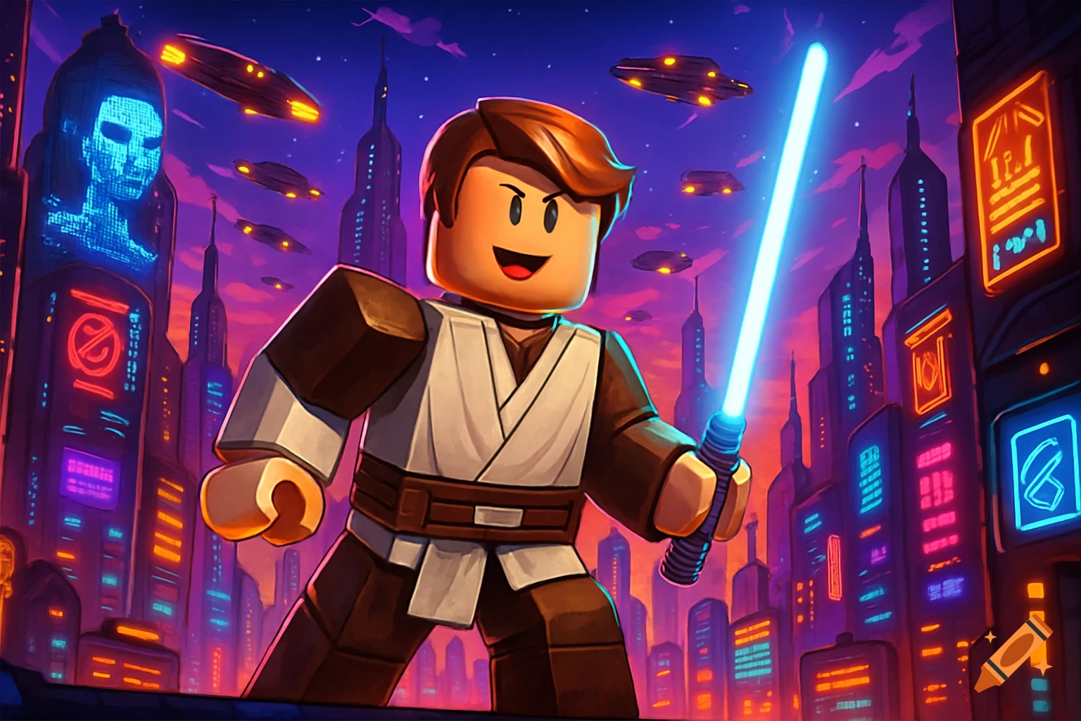 A Roblox character dressed as a Jedi holding a blue lightsaber stands in a vibrant, futuristic city with flying vehicles, in a digital art style.