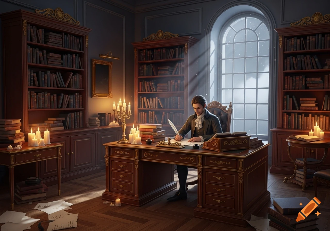 A man in historical attire writes at an ornate desk in a candlelit library, with bookshelves and a large window overlooking a snowy night.