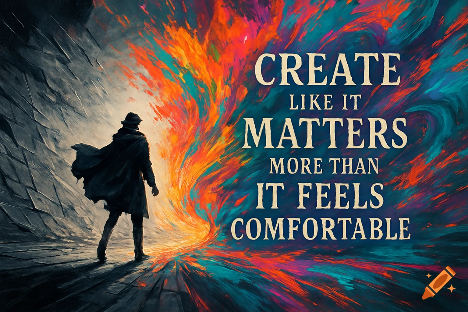 A figure in a trench coat walks towards a colorful explosion of red, orange, and blue, with the text 'CREATE LIKE IT MATTERS MORE THAN IT FEELS COMFORTABLE' on the right.
