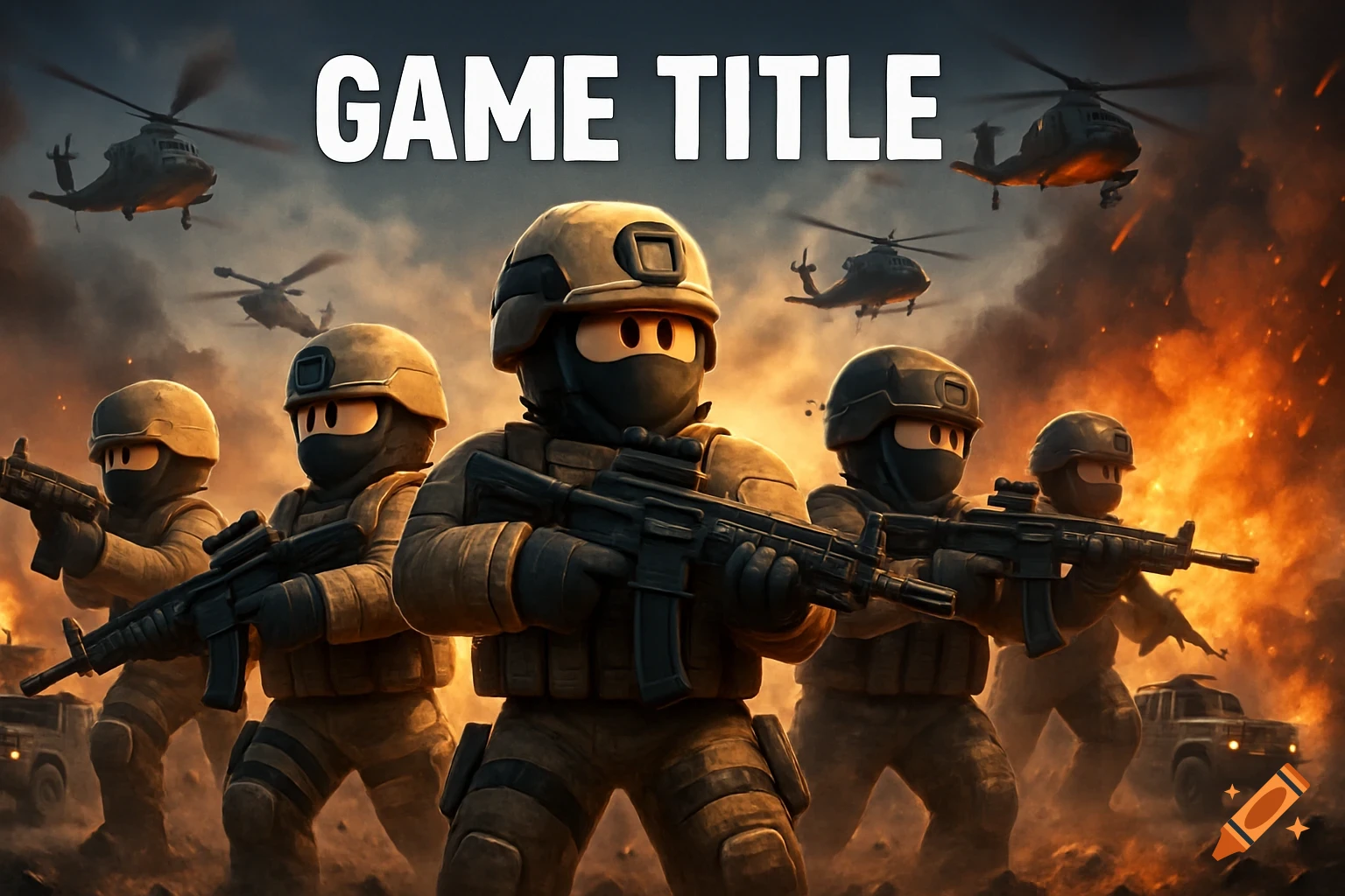 Roblox-style soldiers with rifles stand on a smoky battlefield with helicopters and explosions, under a title that says 'GAME TITLE'.