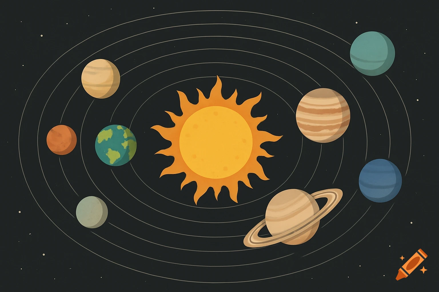 A stylized illustration of the solar system with the sun at the center and eight planets orbiting it on a dark background with stars.