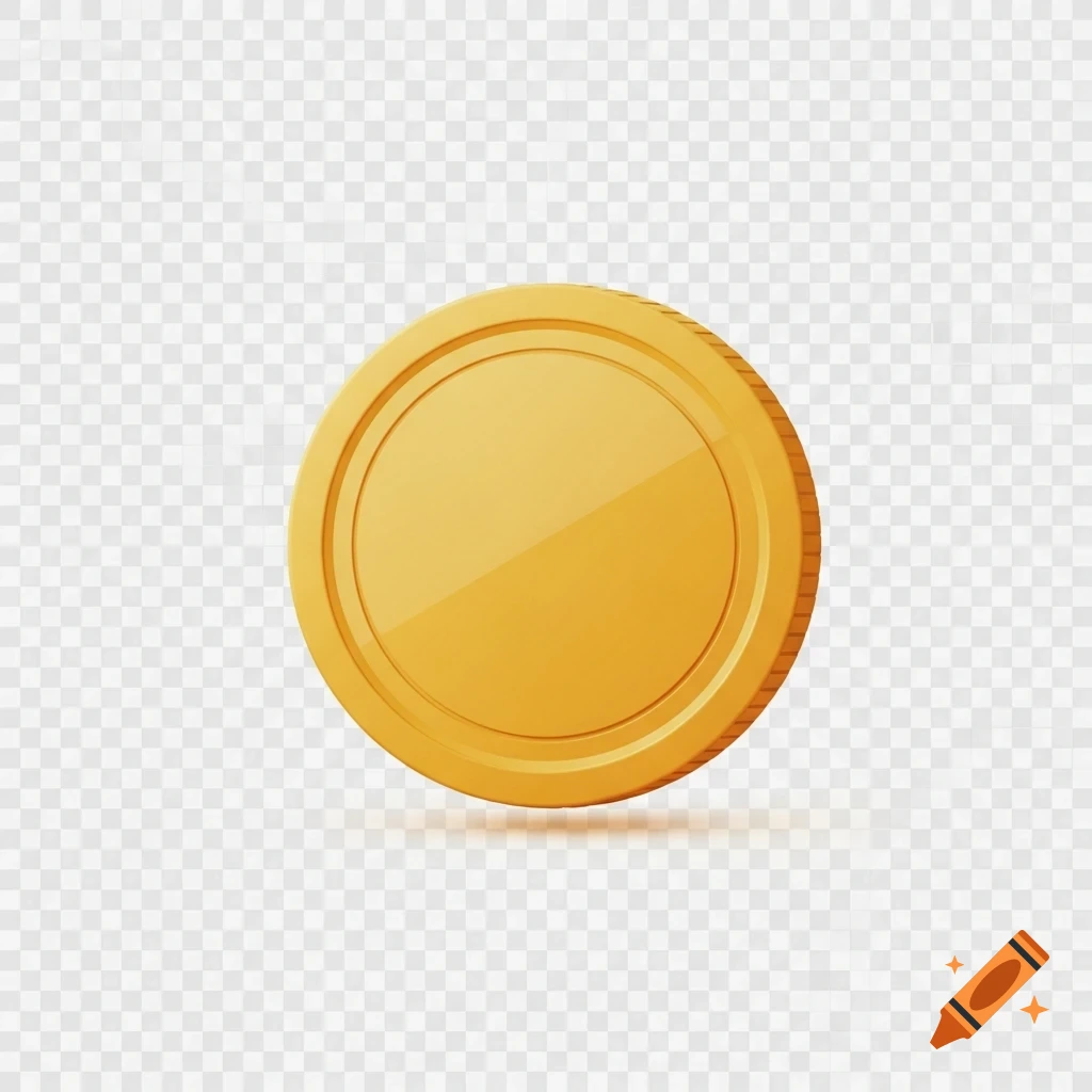 A shining, golden coin with a raised circular border and a subtle shadow, set against a transparent background.