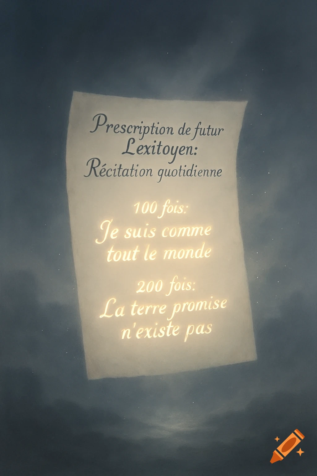A glowing piece of paper with French text floats against a cloudy, dark blue sky.