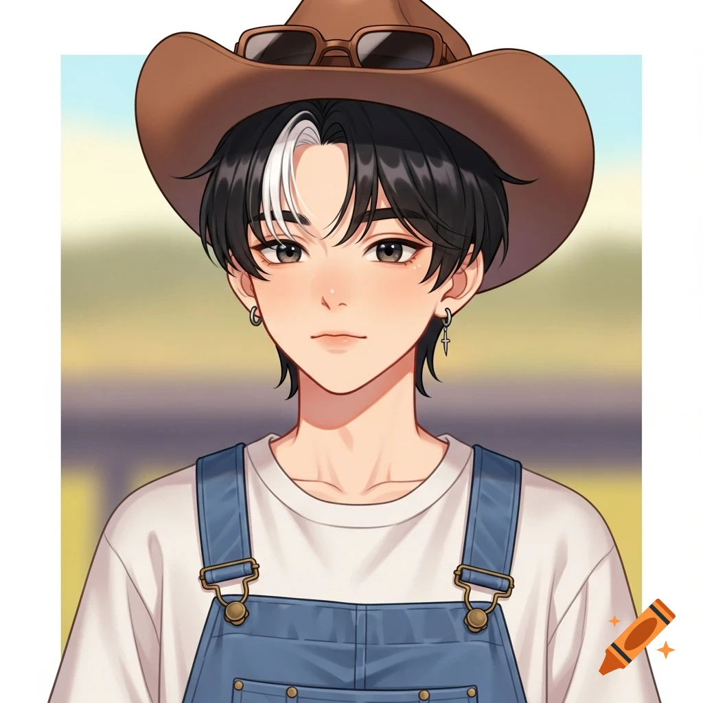 Anime-style portrait of an androgynous character in a cowboy hat and denim overalls with a white streak in black hair.
