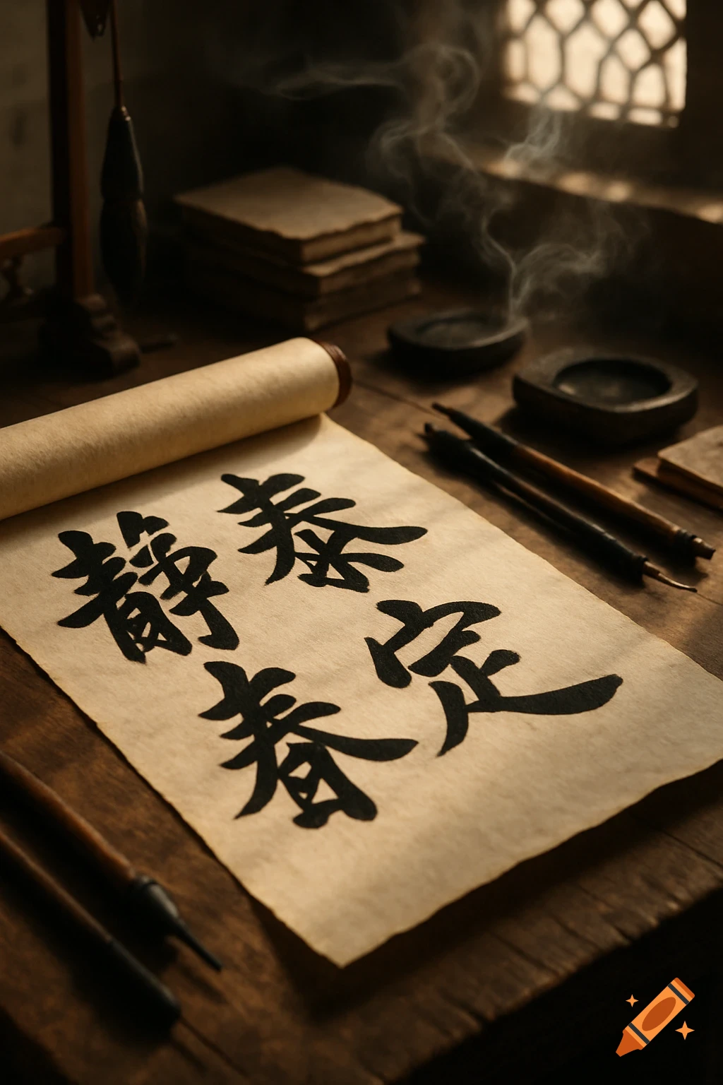 Traditional Chinese calligraphy scroll with black characters on a wooden desk, surrounded by inkstones and brushes.