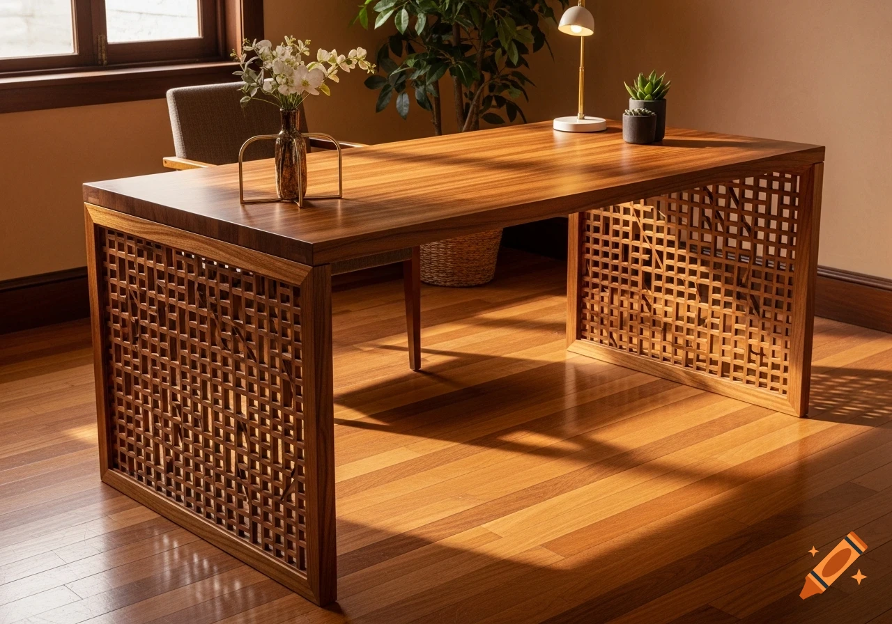 A modern wooden desk with intricate carved panels on its legs, decorated with a vase of flowers and plants, bathed in warm sunlight.
