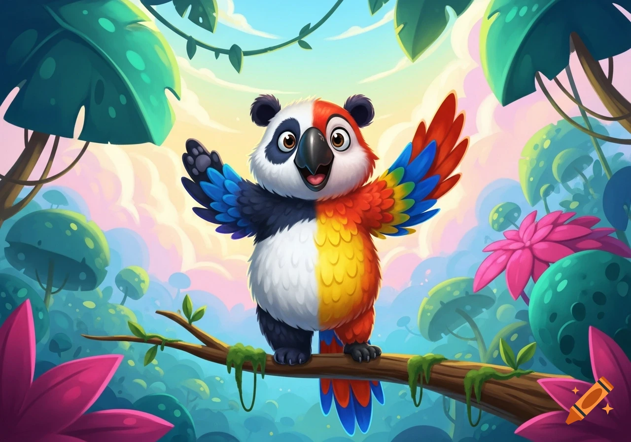 A cute cartoony creature, half panda and half colorful parrot, stands on a branch with wings spread in a vibrant jungle.
